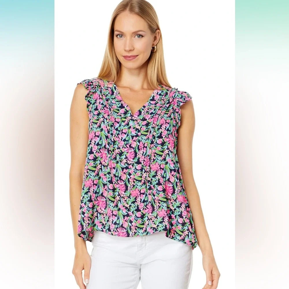 Lilly Pulitzer Joan Top in Low Tide Navy Garden Variety NWT XXS